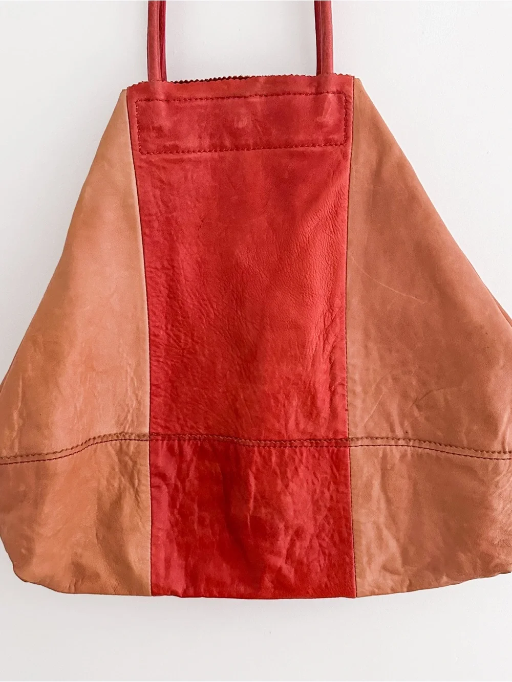 Banana Republic Leather Tote Color Block Tan & Red Patchwork Shoulder Bag - Picture 4 of 15